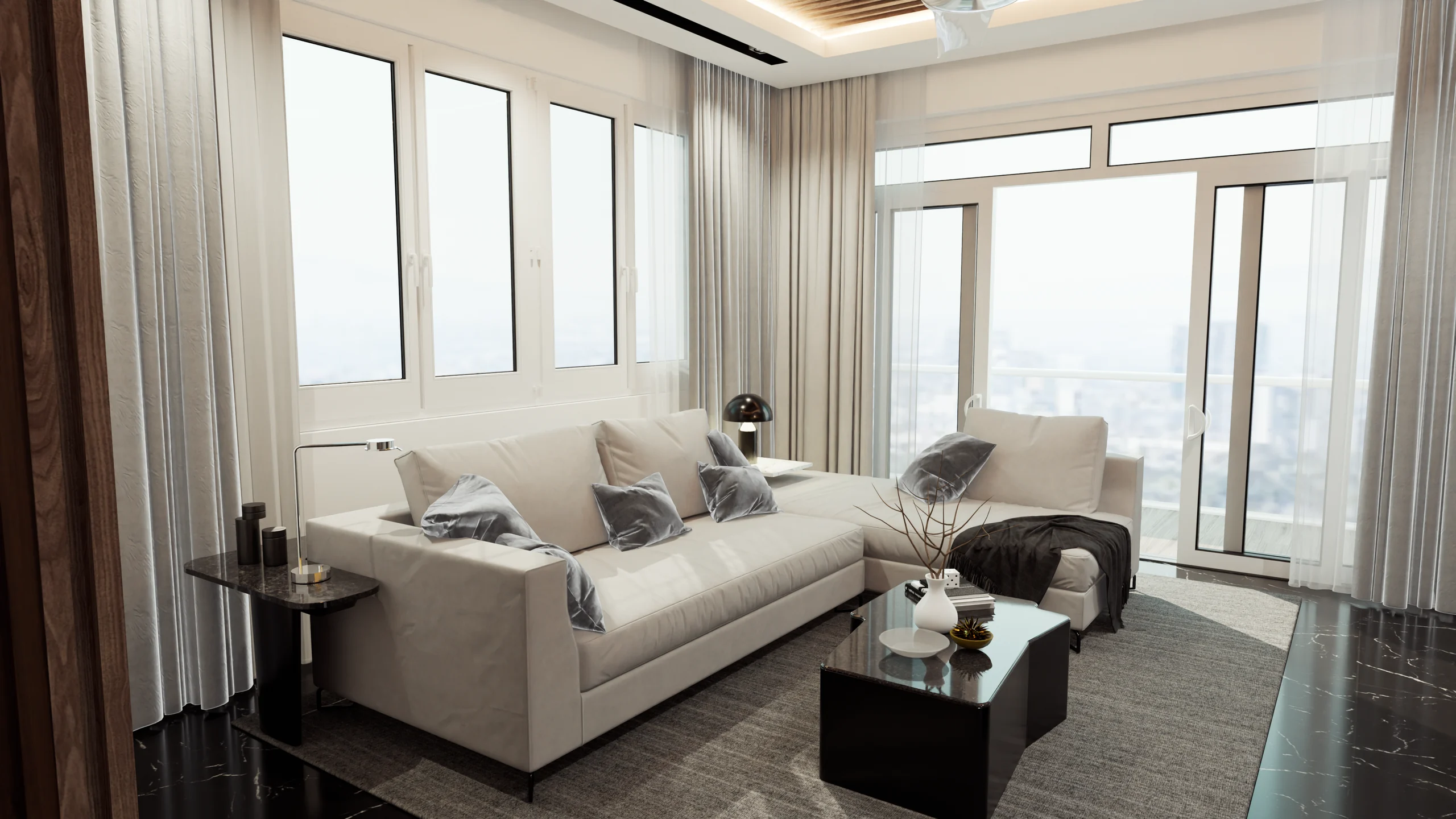 Living room with a black Marquina marble floor, from the Altar demo
